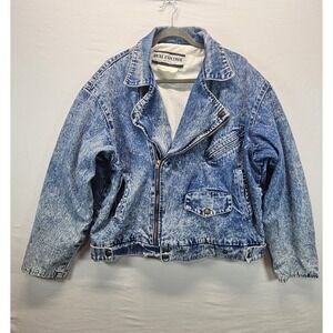 Vintage Acid Wash Denim Moto Jacket Womens Cropped 80s 90s Biker Grunge Large